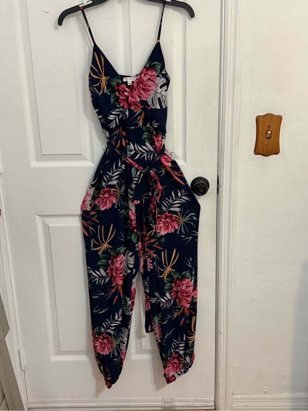a'gaci Navy Floral Spaghetti-Strap Jumpsuit with Tie Waist Cuff Bottoms